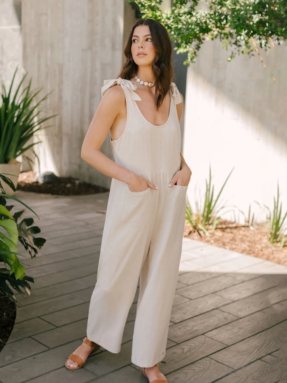 ZESICA Tie Shoulder Straps Oversized Linen Jumpsuit in Oatmeal